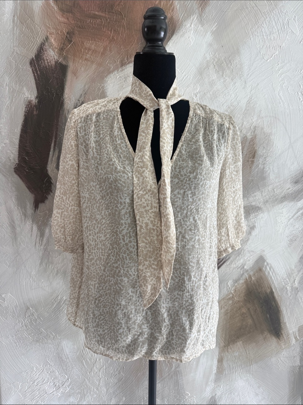 PAIGE Beige Tie-Neck Semi-Sheer Animal-Print Blouse